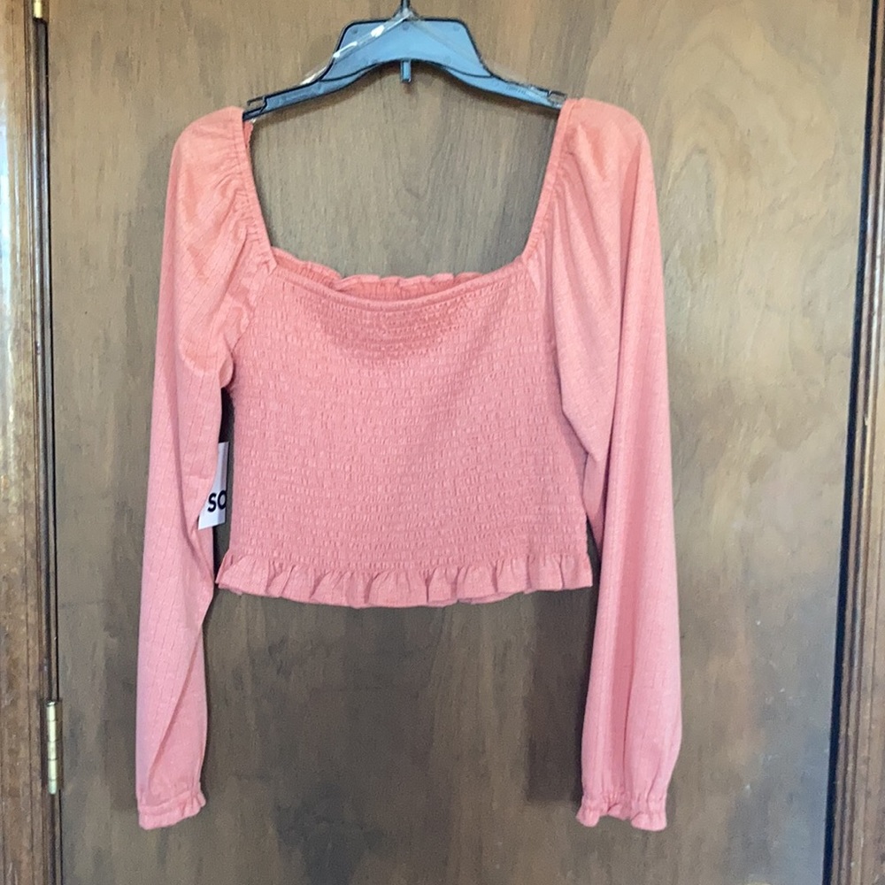 SO top blush crepe long sleeve smocked top boho cottagecore casual L jrs - Picture 9 of 16